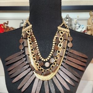 SSYS Brown Wooden Spike Accent Gold and Brown Layered Statement Necklace